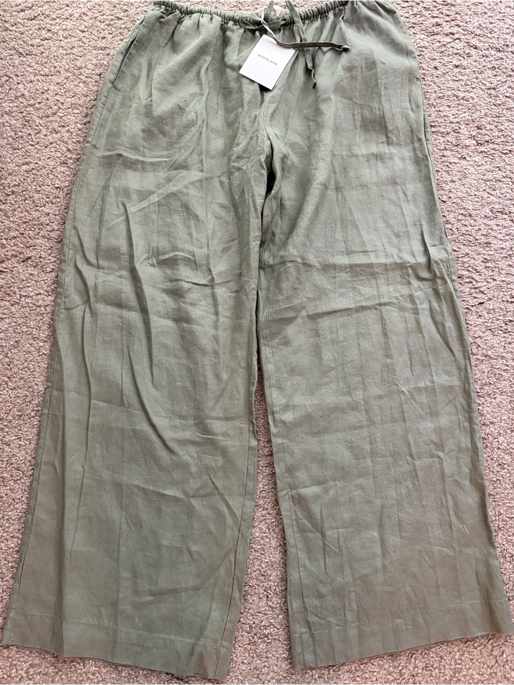 Everlane Linen Olive Green Wide-Leg Drawstring Pants